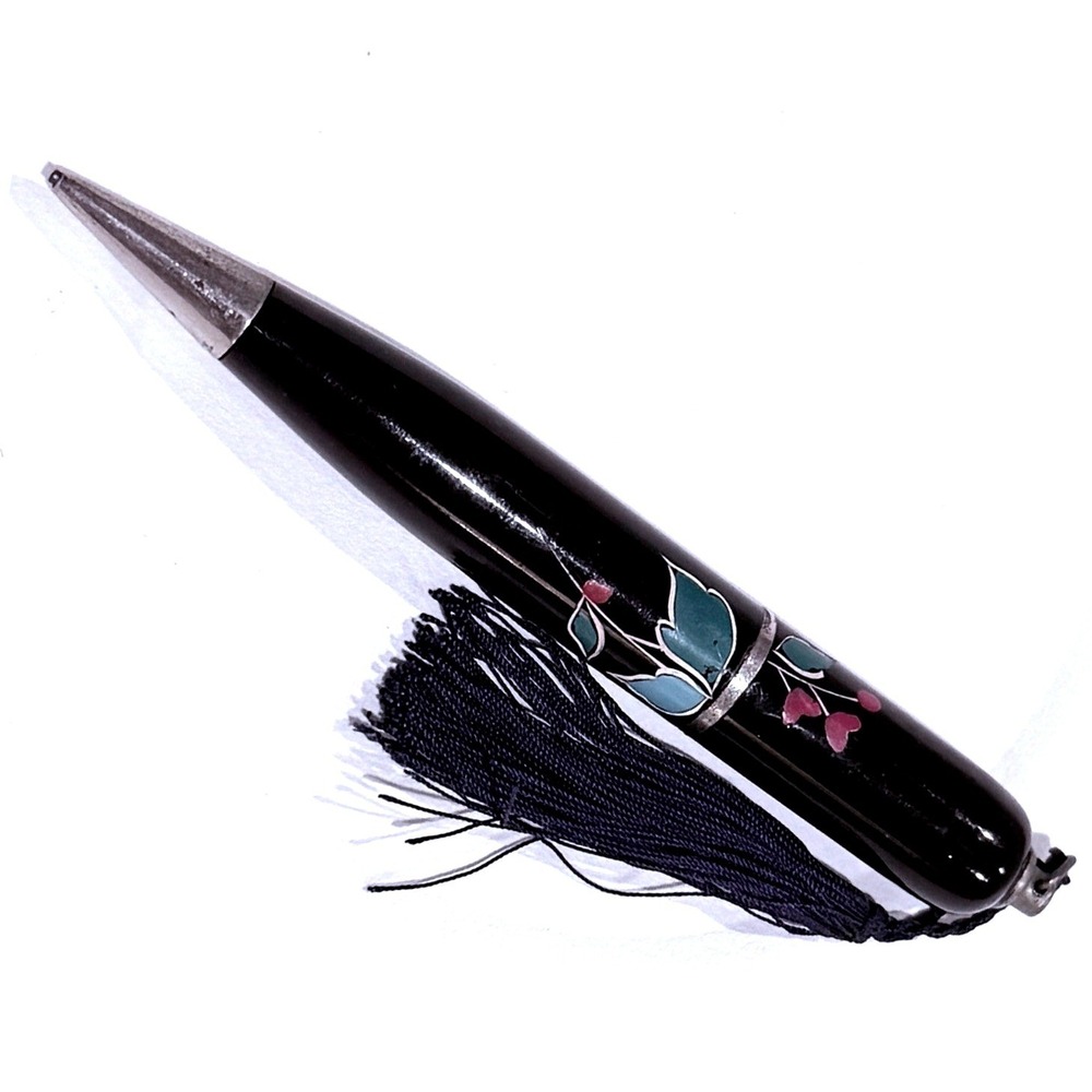 Cloisonne Mechanical Pencil Tassel Style Black Floral Enamel Vintage MCM